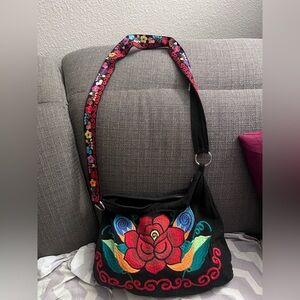 Floral Embroidered Black Shoulder Bag
